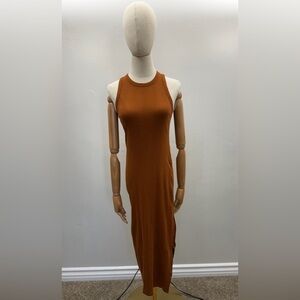 Aerie Ribbed Midi Dress Rust Brown Sleeveless Bodycon Side Slit XS